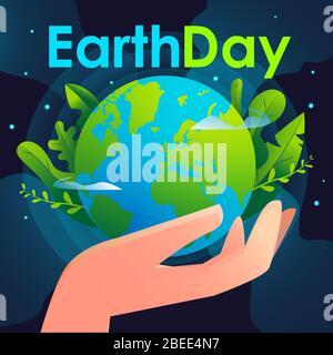 Giornata della Terra felice. Mano vettoriale che tiene l'illustrazione della terra con grafica su sfondo scuro. Da utilizzare per cartoline, poster, banner, web design Illustrazione Vettoriale
