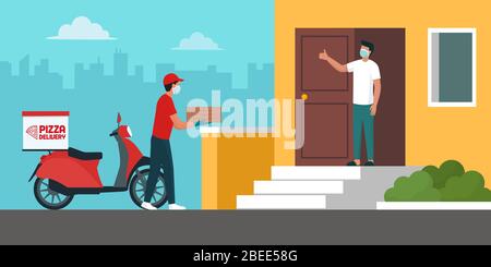 Consegna sicura della pizza a casa durante l'epidemia di coronavirus covid-19: Uomo di consegna portando una pila di scatole della pizza ad un cliente che mantiene una distanza di sicurezza, h Illustrazione Vettoriale
