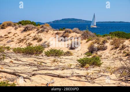 Tavolara, Sardegna / Italia - 2019/07/18: Pittoreschi porti del Mar Tirreno con yacht al largo dell'isola di Isola Tavolara al largo della costa settentrionale della Sardegna Foto Stock