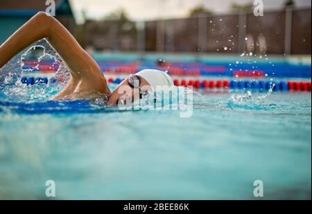 Giovane donna che nuota il colpo di freestyle in una piscina Foto Stock