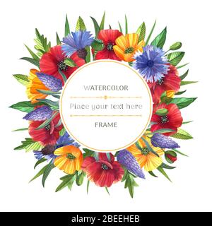 Cornice color acqua brillante con fiori selvatici su sfondo bianco. Papaveri, farfalle, lavanda e fiori di mais. Foto Stock