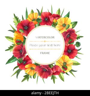 Cornice color acqua brillante con papaveri e buttercule su sfondo bianco. Ideale per biglietti d'auguri, inviti, banner, poster. Foto Stock