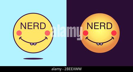 Icona del viso emoji con frase Nerd. Dilly emoticon con testo Nerd. Set di volti cartoni animati, icona emotiva per la comunicazione dei social media, stigoloso adesivo e. Illustrazione Vettoriale