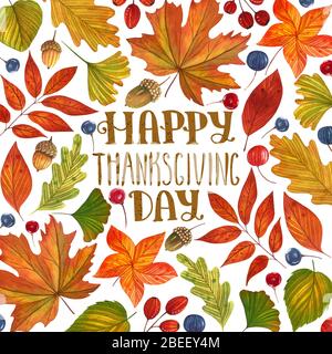 Carta autunnale con illustrazioni acquerello con foglie colorate, bacche e ghiande su sfondo bianco. Ideale per biglietti di auguri e inviti. Foto Stock