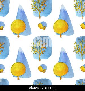 Motivo filerello senza cuciture con uccelli, alberi e forme geometriche colorate sullo sfondo chiaro. Acquerello dorato disegnato a mano con tratto di inchiostro. Foto Stock