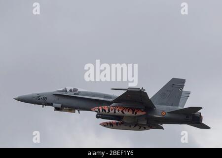 Air Force spagnola McDonnell Douglas EF-18 Hornet alla NATO Tiger incontra 2019 alla base dell'Air Force francese Mont de Marsan BA118 Foto Stock