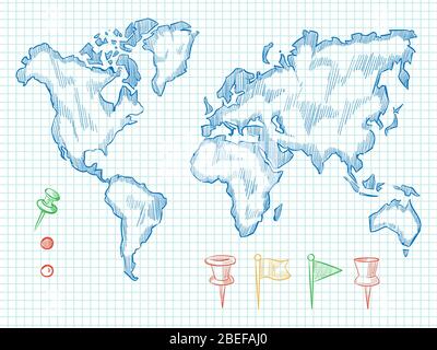 Mappa del mondo disegnata a mano e spille colorate sul retro del notebook. Illustrazione vettoriale Illustrazione Vettoriale