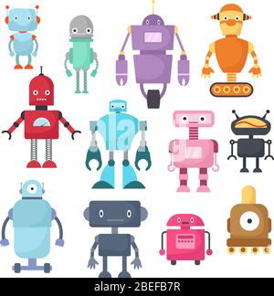 Carino robot cartoni animati, android e cyborg vettore isolato. Illustrazione dei caratteri del robot Illustrazione Vettoriale