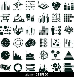 Icone di diagrammi e vettori infografici. Grafico dati aziendali e simboli grafici. Illustrazione di grafici e dati, diagrammi e informazioni sulla carta Illustrazione Vettoriale