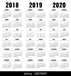 Modello di calendario vettoriale di 2018, 2019 e 2020 anni. Calendario dell'anno e illustrazione mensile Illustrazione Vettoriale