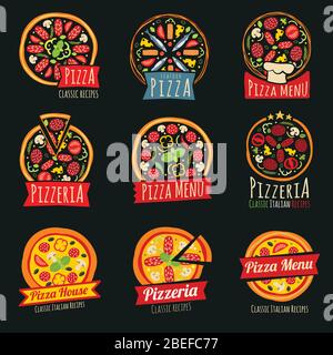 Etichette colorate per pizza isolate. Badge vettoriali e emblemi per ristoranti italiani. Illustrazione di emblemi italiani per pizzerie Illustrazione Vettoriale