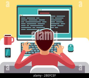 Programmatore giovane uomo che lavora su un computer con codice sullo schermo. Concetto di vettore di programmazione per studenti. L'uomo lavora con il computer, il programmatore professionista e il carattere di freelancer sulla illustrazione di posto di lavoro Illustrazione Vettoriale