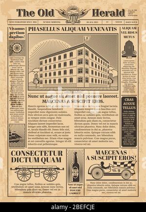 Modello vettoriale per giornali d'epoca con testo da giornale. Illustrazione di carta antica per la stampa di articoli Illustrazione Vettoriale