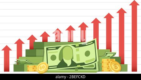 Grafico di affari crescente con il concetto del vettore finanziario del mucchio di soldi di cassa. Illustrazione del grafico di cassa, del commercio, della finanza di sviluppo Illustrazione Vettoriale