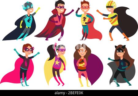 Supereroi felici per bambini che indossano costumi colorati di superheros. Personaggi per bambini con cartoni animati, supereroe indossato in costume a colori Illustrazione Vettoriale