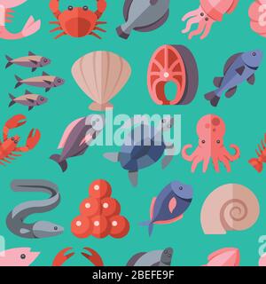 Specialità di pesce e pesce di cucina vettoriale icone piatte sfondo senza cuciture colorato su sfondo verde illustrazione Illustrazione Vettoriale