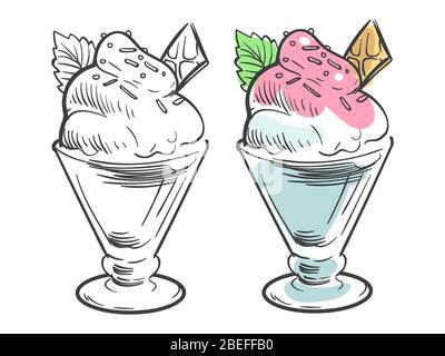 Disegno di gelato nero e colorato isolato su sfondo bianco. Illustrazione vettoriale Illustrazione Vettoriale