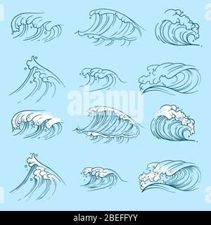 Disegna le onde oceaniche. Onda di tempesta marina disegnata a mano isolata. Illustrazione vettoriale Illustrazione Vettoriale