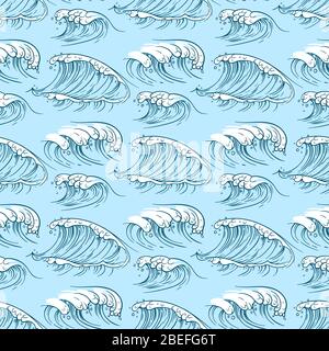 Onde oceaniche disegnate a mano senza cuciture modello sfondo piatto. Illustrazione vettoriale Illustrazione Vettoriale