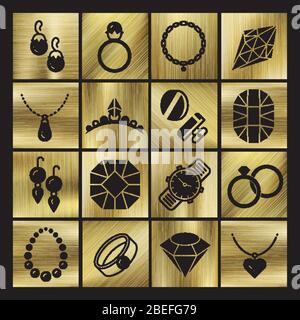 Set di icone di lusso per gioielli Golgen. Gioielli ad anello e simbolo di diamante, illustrazione vettoriale Illustrazione Vettoriale