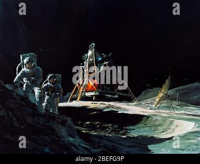 Il concetto di artista, di Teledyne Ryan Aeronautical, San Diego, California, mostra due astronauti Apollo 13 che esplorano la superficie della luna. Il modulo Lunar Apollo 13 è al centro, nelle aspre montagne appena a nord di fra Mauro. Apollo 13, lanciato il 11 aprile 1970, è stata la terza missione della NASA sulla luna. Due giorni dopo, il 13 aprile, mentre si dirigeva verso la superficie lunare, un guasto nell'impianto elettrico di uno dei serbatoi di ossigeno del modulo di servizio ha prodotto un'esplosione che ha causato il guasto di entrambi i serbatoi di ossigeno e ha anche causato una perdita di energia elettrica. Con la missione interrotta, una t. Dedicata Foto Stock