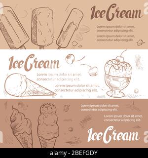 Disegnare banner e modello per poster per gelato vintage. Illustrazione vettoriale Illustrazione Vettoriale