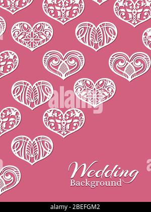 Cuori di lacy bianco su rosa - sfondo romantico matrimonio. Illustrazione vettoriale Illustrazione Vettoriale