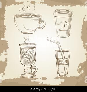Tè e limonata di caffè disegnati a mano su sfondo vintage. Illustrazione vettoriale Illustrazione Vettoriale