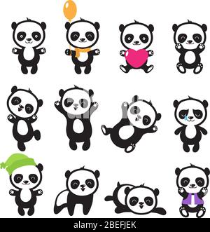 Carino cartoon panda cinese orso vettore set di caratteri. Panda cinese, personaggio cartoon illustrazione animale Illustrazione Vettoriale