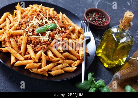 pasta di grano integrale penne bolognese condite con parmigiano grattugiato e basilico su un piatto nero su un tavolo di cemento con ingredienti, vista orizzontale da un Foto Stock