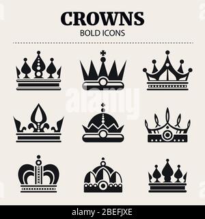 Icone in grassetto con corona nera. Illustrazione del set vettoriale della corona piatta Illustrazione Vettoriale