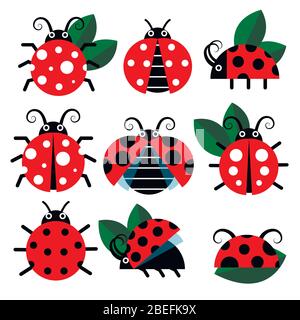 Icone vettoriali cute ladybug. Bug e foglie di stile cartoon. Illustrazione grafica di insetti cartoni animati Illustrazione Vettoriale