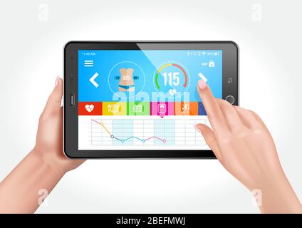 Design vettoriale che mostra le mani che tengono un tablet con un'app per il fitness per controllare uno stile di vita sano. Illustrazione Vettoriale
