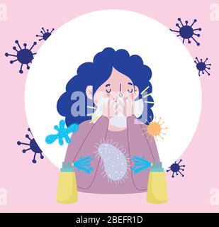 donna evitare la bocca di copertura con cartoni animati di carta, covid 19 coronavirus pandemic prevenzione vettore illustrazione Illustrazione Vettoriale