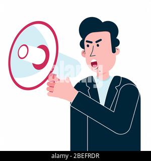 L'uomo tiene il megafono in mano gridando in un altoparlante forte Illustrazione Vettoriale