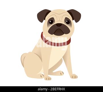 Carino piccolo amico cane pug cartone animato domestico animale disegno piatto vettore illustrazione isolato su sfondo bianco Illustrazione Vettoriale