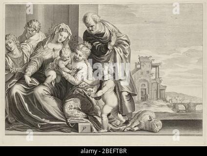 Heilige familie met de Heilige Catharina en Johannes de doper. Foto Stock