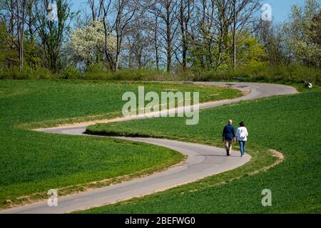Paesaggio tra Essen e MŸlheim an der Ruhr, campi in primavera, a piedi, Germania, Foto Stock