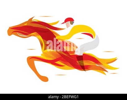 Cavallo di fuoco con fantino. Illustrazione colorata e stilizzata di Jockey sul cavallo da fuoco. Vettore disponibile. Illustrazione Vettoriale