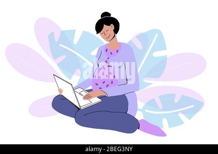 Donna incinta che usa un laptop a casa, immagine in stile vettoriale piatto Illustrazione Vettoriale