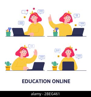 Cartoni animati vettoriali illustrazione della ragazza, studiare on-line con il laptop. Illustrazione Vettoriale