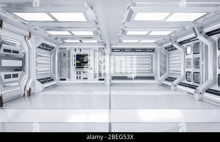 Architettura futuristica Sci-Fi Hallway e Corridoio interno, rendering 3D Foto Stock