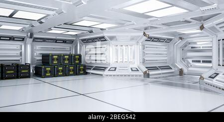 Architettura futuristica Sci-Fi Hallway e Corridoio interno, rendering 3D Foto Stock