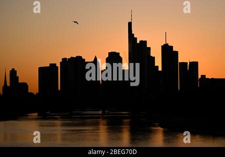 13 aprile 2020, Hessen, Francoforte sul meno: I grattacieli della città bancaria appaiono come silhouette al tramonto. Foto: Arne Dedert/dpa Foto Stock