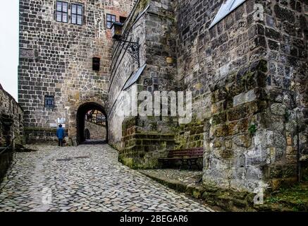 Quedlinburg una città situata a nord delle montagne Harz nel 1994, il castello, la chiesa e la città vecchia sono stati aggiunti all'elenco dei patrimoni dell'umanità dell'UNESCO. Foto Stock