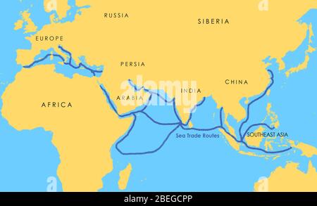 Una mappa che mostra una rete di rotte commerciali medievali del mare il Mediterraneo, l'Oceano Indiano, il Sud-Est Asiatico e il Mare Cinese. Foto Stock
