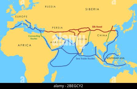 Una mappa che mostra una rete di vie commerciali medievali, tra cui la Via della Seta (che collega Est e Ovest tra il II secolo a.C. e il XVIII secolo) e varie rotte commerciali marittime. Foto Stock