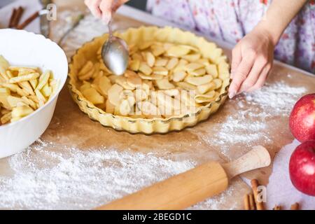 Cottura in casa delle torte dolci classiche di vacanza. Donna mani che fissano pasta sfoglia in un vassoio e ingredienti torta di zucca. Preparazione di dolci tradizionali Foto Stock