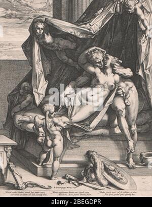 Hendrick Goltzius dopo Bartolomeo Spranger Marte e Venere incisione 1588.. Foto Stock