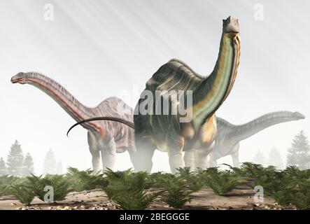 Dalla nebbia emergono tre apatosauri, dinosauri sauropod che vissero durante il periodo tardo giurassico in quello che è ora il Nord America. Foto Stock